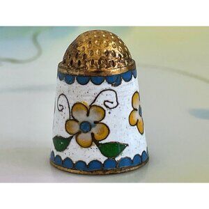 Vintage Enamel Brass Thimble Yellow Flowers Cottage core